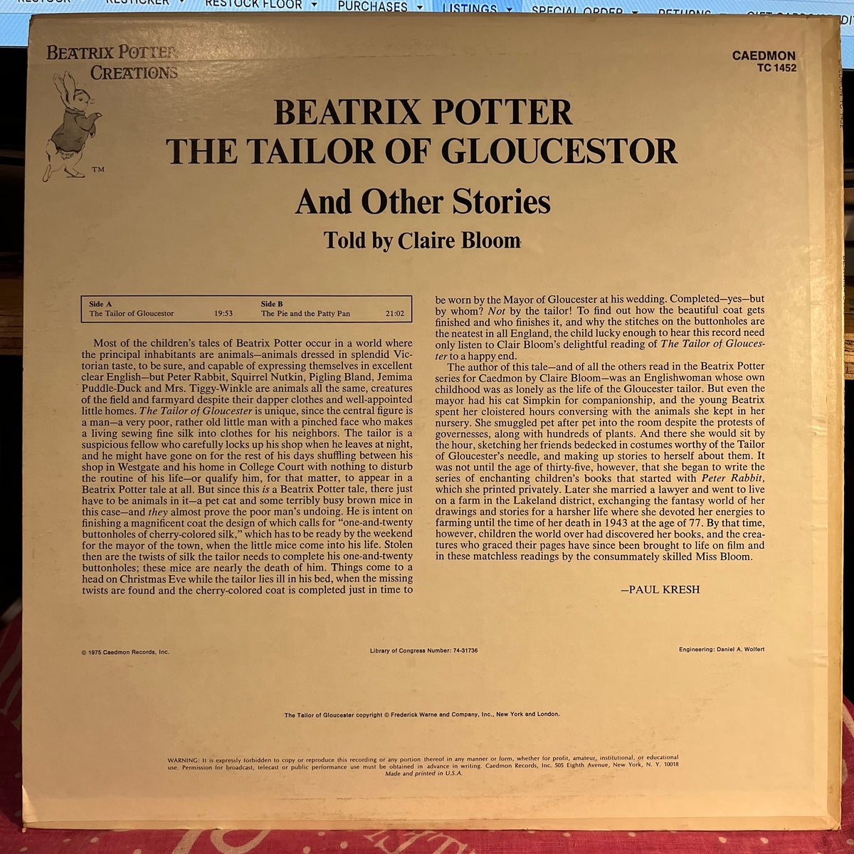 Claire Bloom - The Tailor Of Gloucester And Other Stories | Near Mint (NM) Excellent (EX)-The Happy Cap