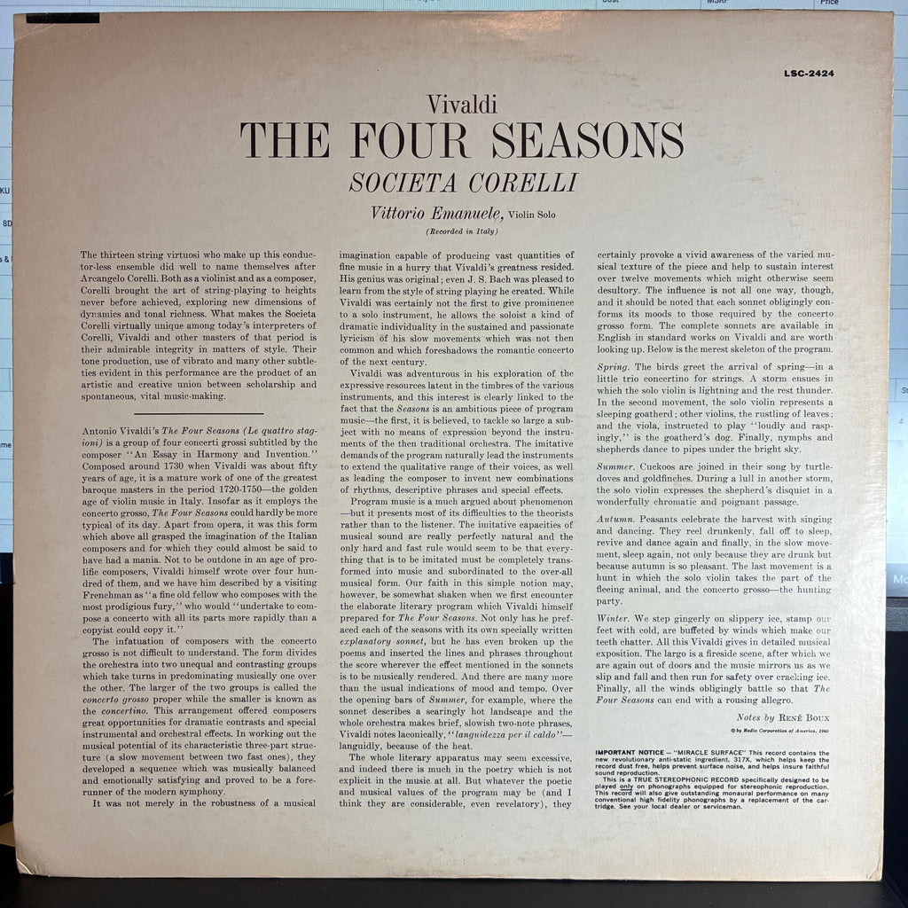 Antonio Vivaldi - The Four Seasons (VINYL LP RCA VICTOR RED SEAL ‎LSC-2424 1960) | USED Excellent (EX) Excellent+ (EX+)-The Happy Cap