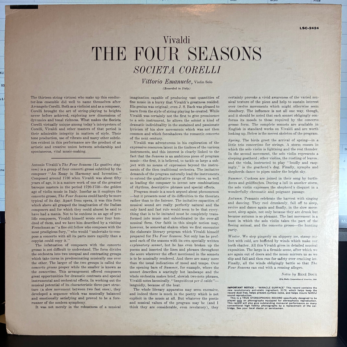 Antonio Vivaldi - The Four Seasons (VINYL LP RCA VICTOR RED SEAL ‎LSC-2424 1960) | USED Excellent (EX) Excellent+ (EX+)-The Happy Cap