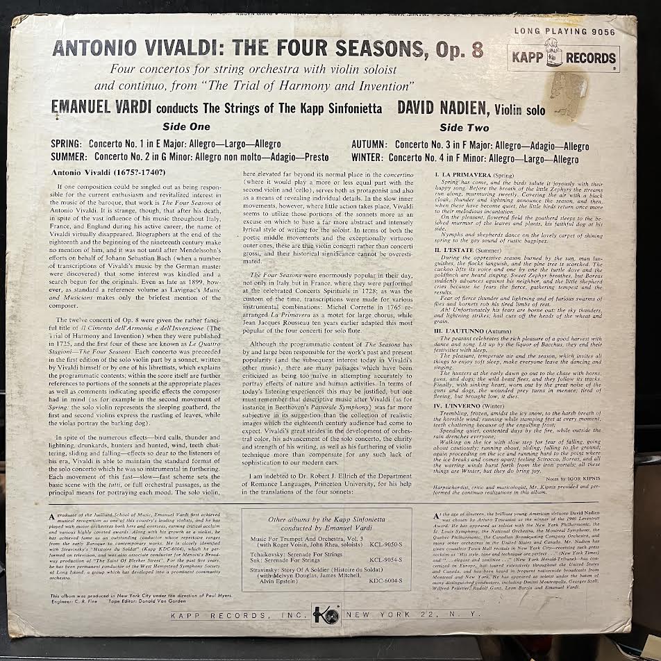 Antonio Vivaldi - The Four Seasons (VINYL) | Near Mint- (NM-) Excellent (EX)-The Happy Cap