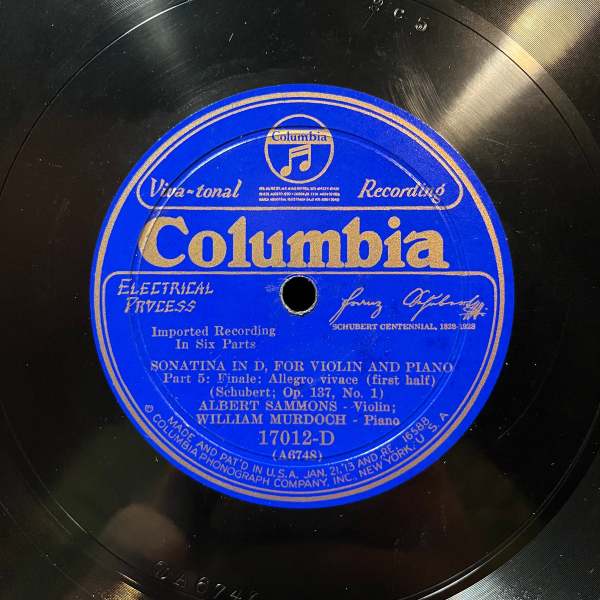 WILLIAM MURDOCH / ALBERT SAMMONS - SONATA IN D / SCHUBERT OP 137 (78RPM 10") 17012-D COLUMBIA | Near Mint (NM or M-) Generic-The Happy Cap