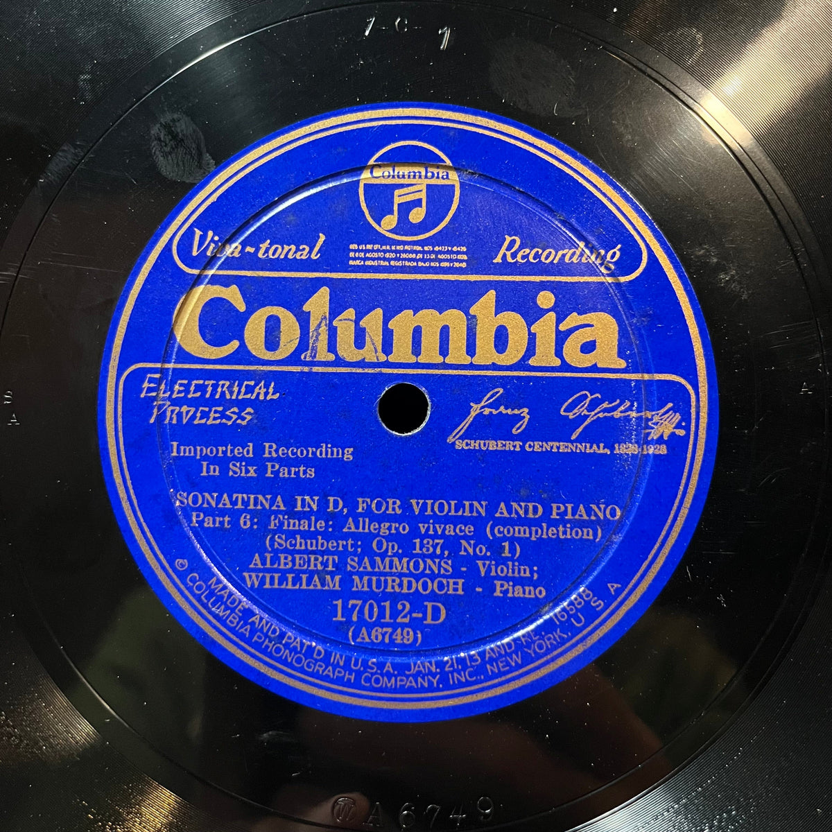 WILLIAM MURDOCH / ALBERT SAMMONS - SONATA IN D / SCHUBERT OP 137 (78RPM 10") 17012-D COLUMBIA | Near Mint (NM or M-) Generic-The Happy Cap