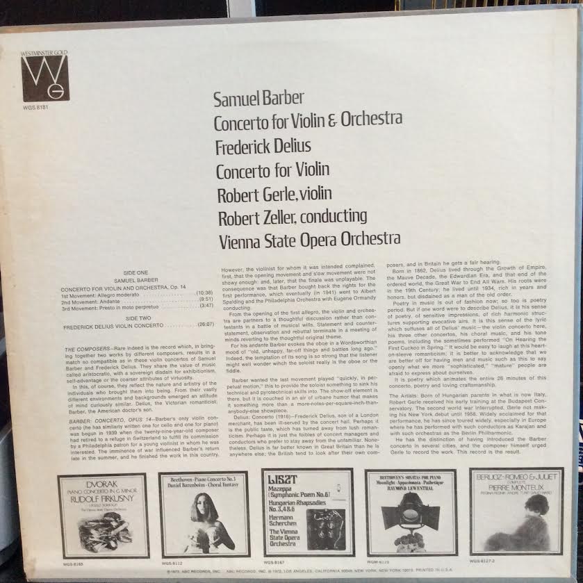 Samuel Barber / Frederick Delius : Robert Gerle, R - Concerto For Violin And Orchestra / Concerto For Violin (VINYL) | Near Mint (NM or M-) Very Good Plus (VG+)-The Happy Cap