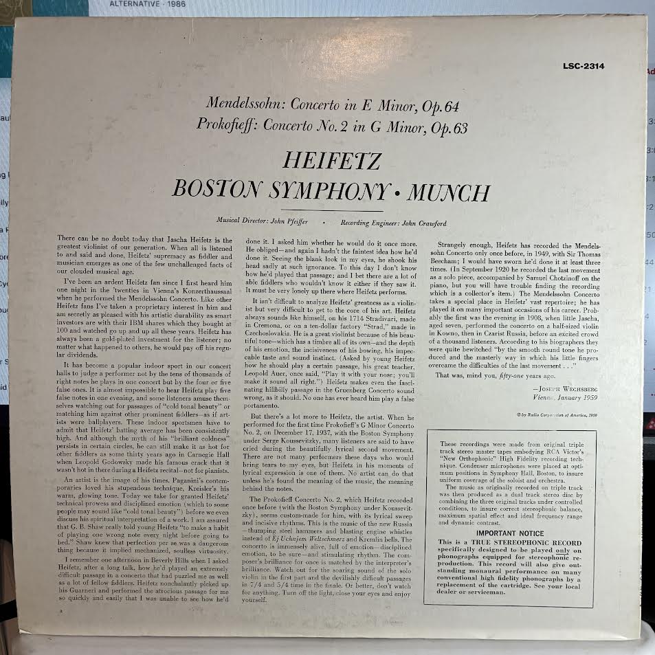 Jascha Heifetz - Concerto In E Minor / Concerto In G Minor (VINYL) | Near Mint (NM or M-) Excellent+ (EX+)-The Happy Cap