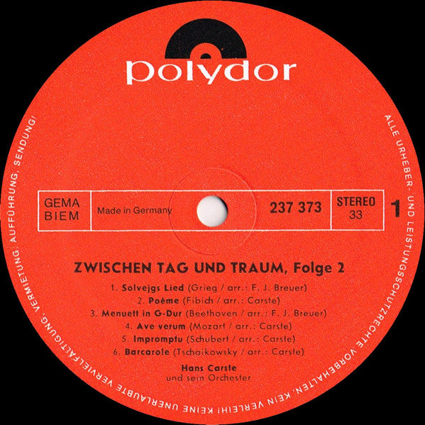 Hans Carste Und Sein Orchester - Zwischen Tag Und Traum, Folge 2 | Mint (M) Mint (M)-The Happy Cap