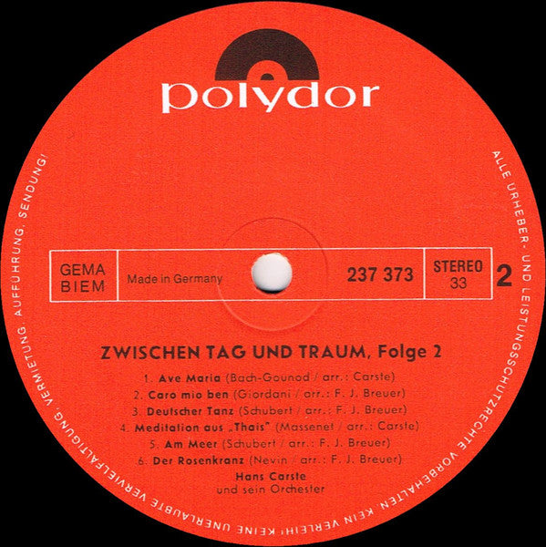 Hans Carste Und Sein Orchester - Zwischen Tag Und Traum, Folge 2 | Mint (M) Mint (M)-The Happy Cap