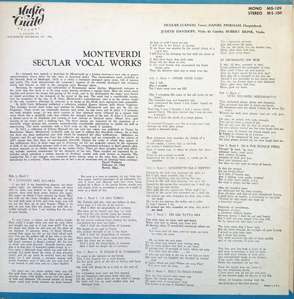 Claudio Monteverdi, Hugues Cuénod, Daniel Pinkham, - Secular Vocal Works | Very Good Plus (VG+) Near Mint (NM)-The Happy Cap