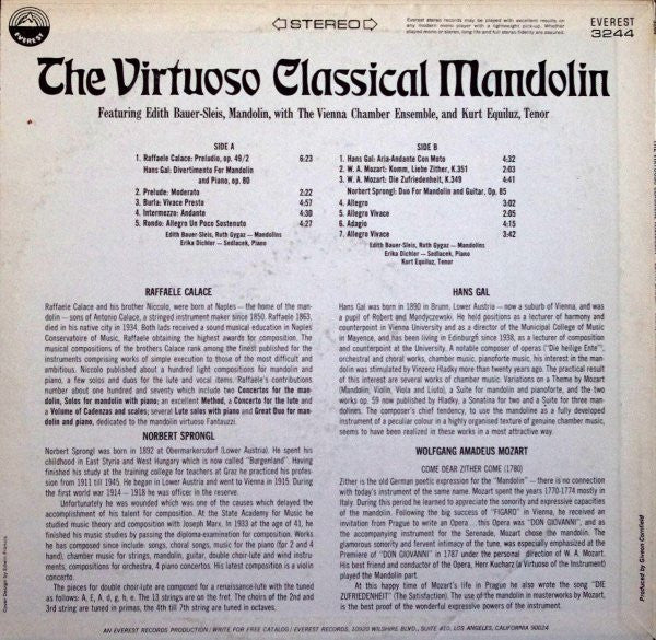 Edith Bauer-Slais With The Vienna Chamber Ensemble - The Virtuoso Classical Mandolin | Very Good Plus (VG+) Very Good Plus (VG+)-The Happy Cap