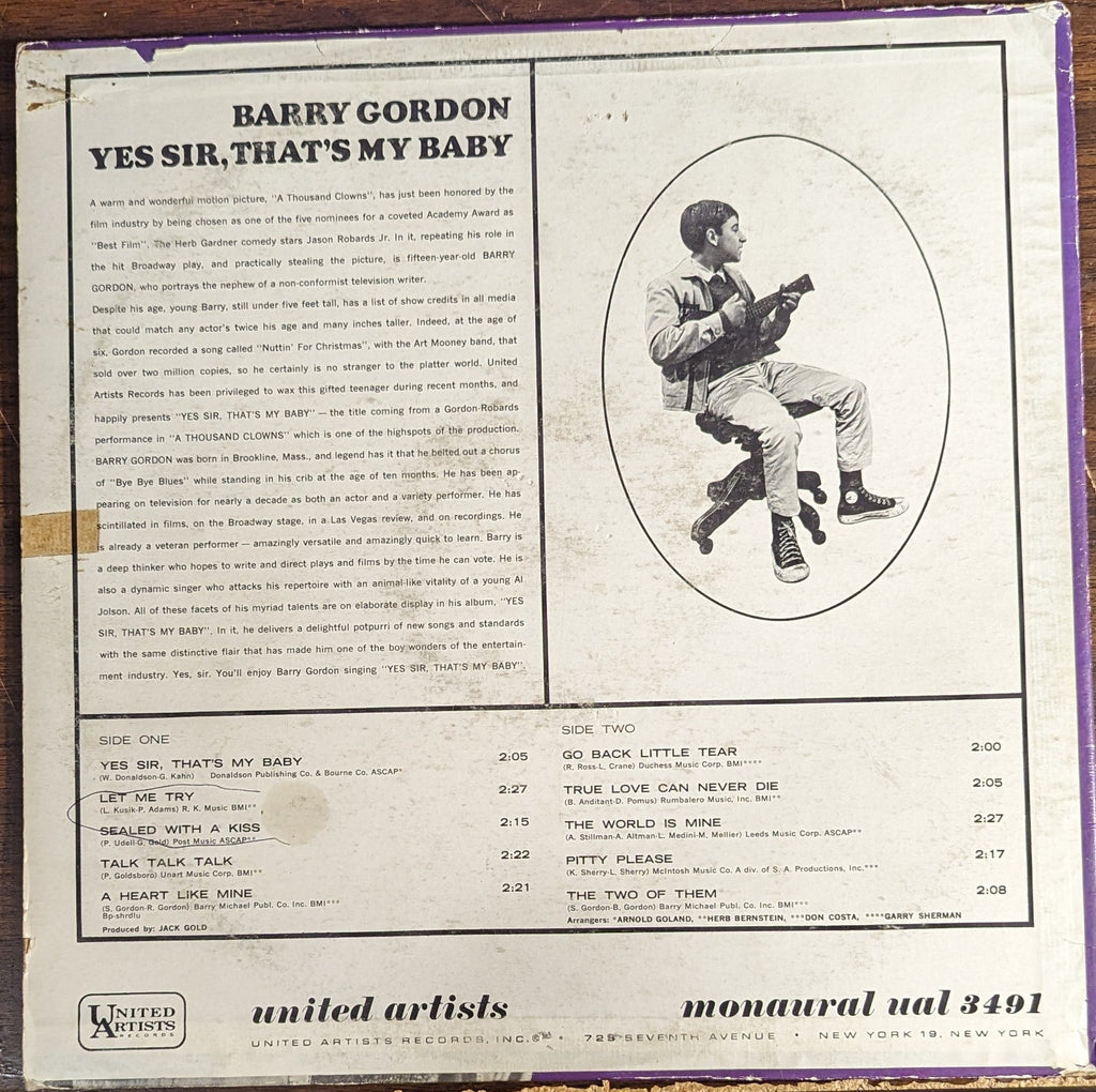 Barry Gordon - Yes Sir, That's My Baby*PROMO* | Very Good (VG) Very Good (VG)-The Happy Cap