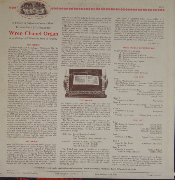 A Concert Of Eighteenth-Century Music Performed By J. S. Darling On The Wren Chapel Organ At The College Of William And Mary In Virginia | Near Mint (NM) Very Good Plus (VG+)-The Happy Cap