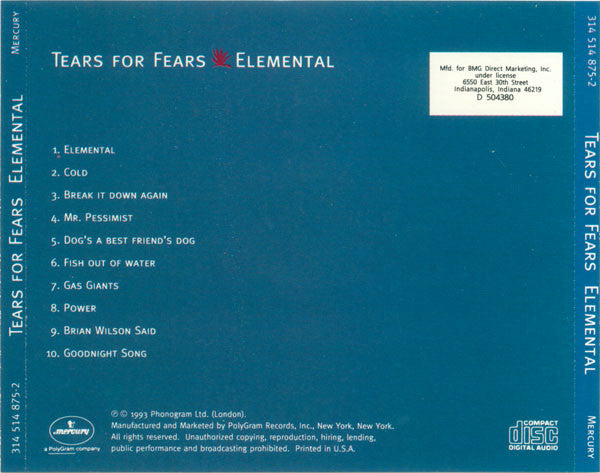 Tears For Fears - Elemental (CD) | Near Mint (NM) Near Mint (NM)-The Happy Cap