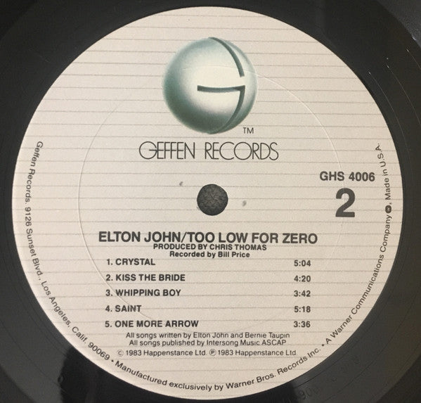 Elton John - Too Low For Zero *CLUB - P* | Near Mint (NM) Excellent (EX)-The Happy Cap