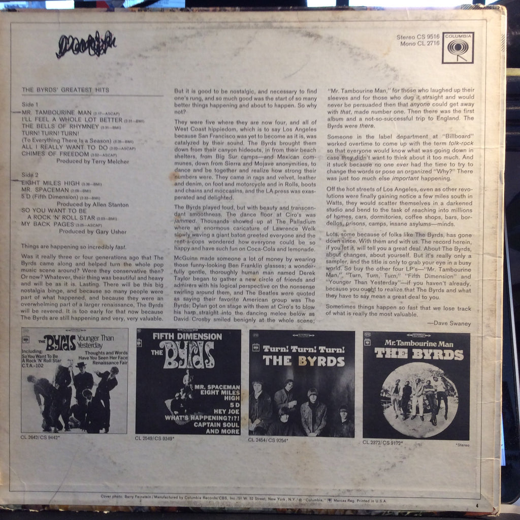 The Byrds - The Byrds' Greatest Hits (VINYL) | Very Good Plus Plus (VG++)-The Happy Cap