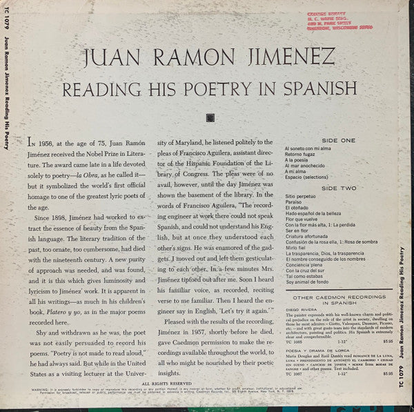 Juan Ramón Jiménez - Reading His Poetry In Spanish | Excellent (EX) Near Mint (NM)-The Happy Cap