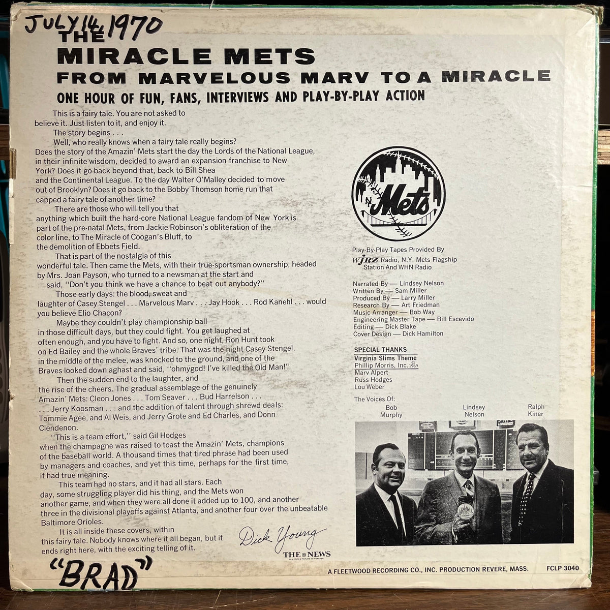 The New York Mets - The Miracle Mets - From Marvelous Marv To A Miracle In Play-By-Play Action (VINYL) | Near Mint- (NM-) Excellent (EX)-The Happy Cap