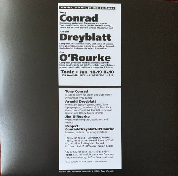 Tony Conrad, Arnold Dreyblatt, Jim O'Rourke - Tonic 19-01-2001 | Mint (M) Mint (M)-The Happy Cap